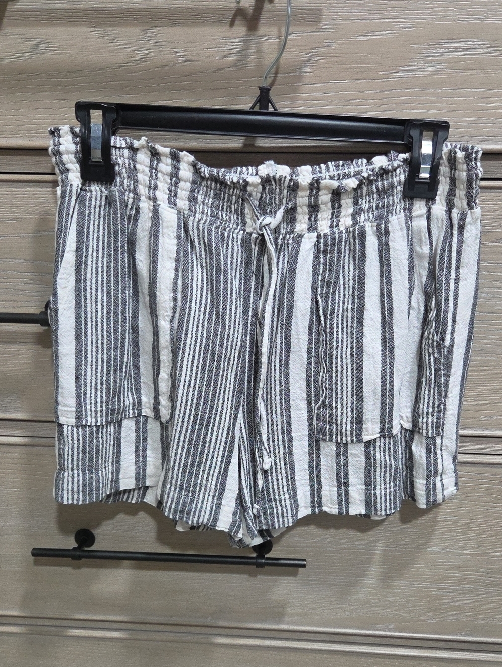 Time and Tru White and Gray Striped High Waist Drawstring Shorts